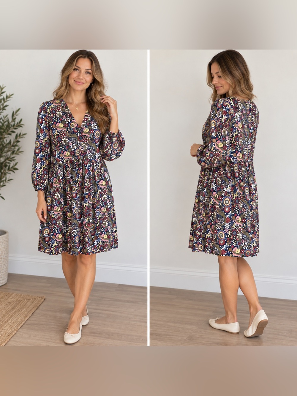 Boden Floral Jersey V Neck Midi Dress Size US 4 Long Sleeve Boho